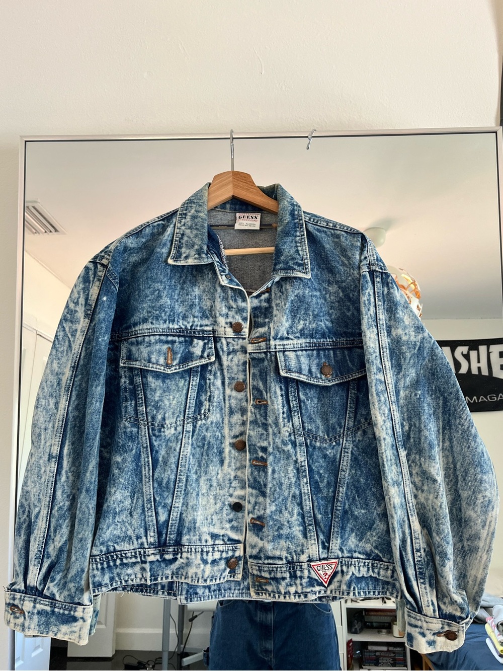 GUESS Vintage  Acid-Washed Denim Jacket - Light Blue & White